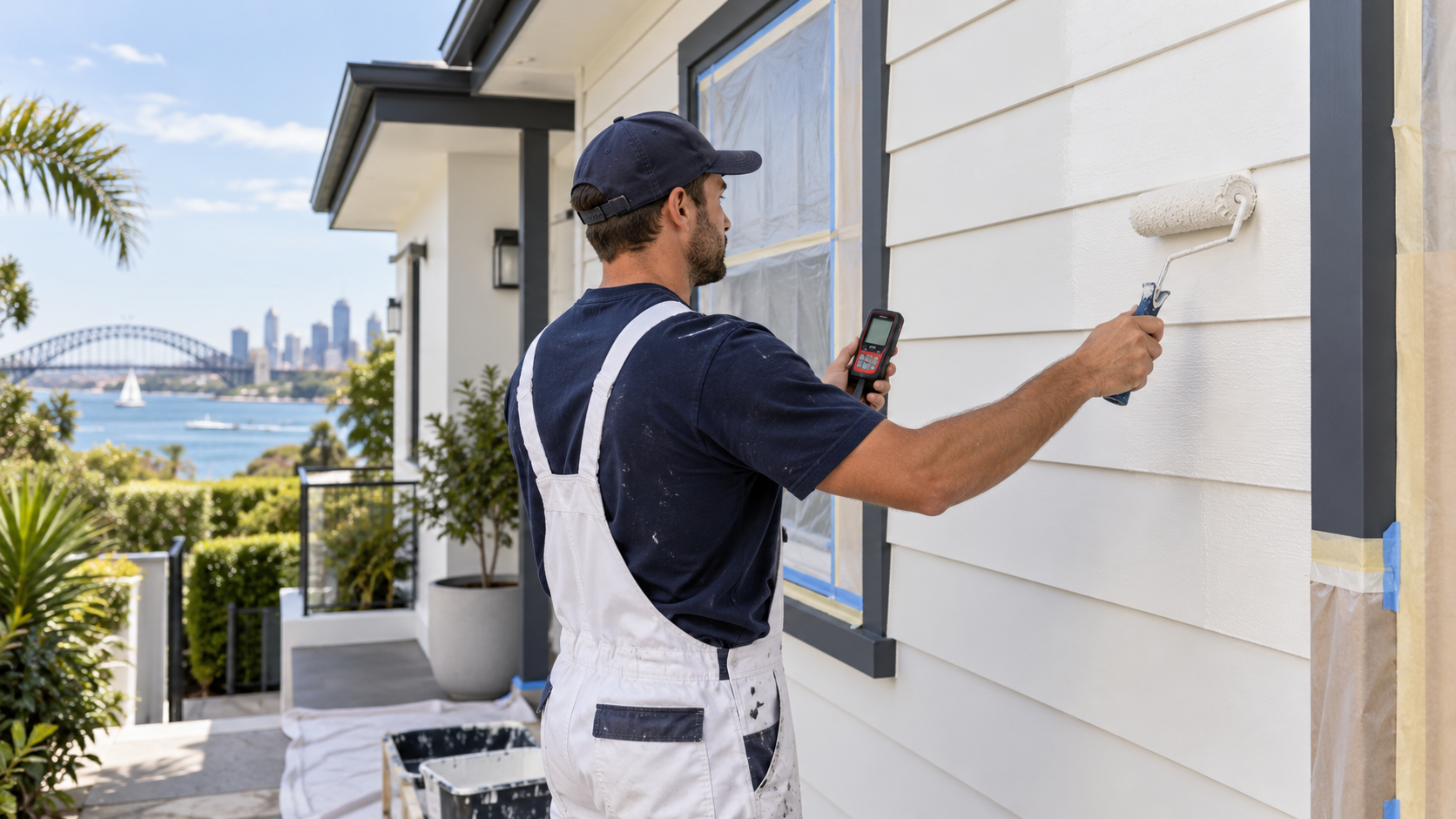 Best Temperature to Paint Outside: Expert Advice Guide : Professional painter checking weather conditions while painting a Sydney home exterior