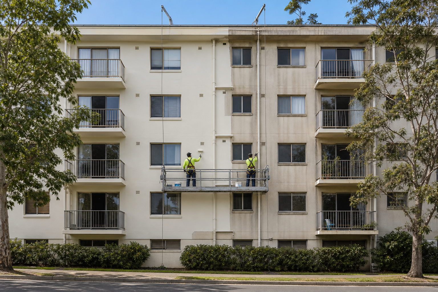 Painters on a suspended platform repainting the rendered facade of a Sydney apartment building, with the finished and unfinished sections both visible
