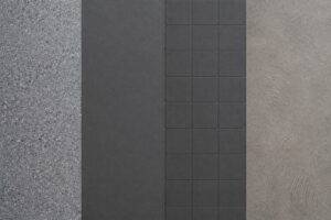 Close overhead view of four garage floor finishes side by side: flake epoxy, plain polyurethane, interlocking tiles and sealed concrete