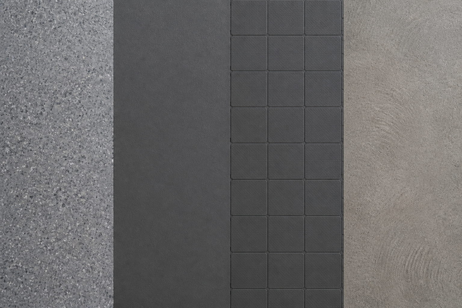 Close overhead view of four garage floor finishes side by side: flake epoxy, plain polyurethane, interlocking tiles and sealed concrete