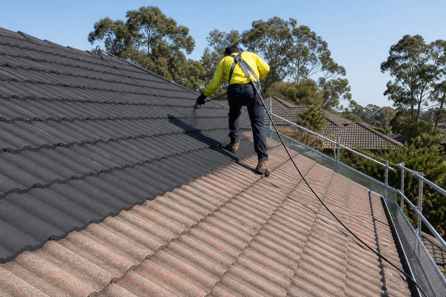 Painter applying a roof coating to a concrete tile roof on a Sydney home, with edge protection installed along the gutter line