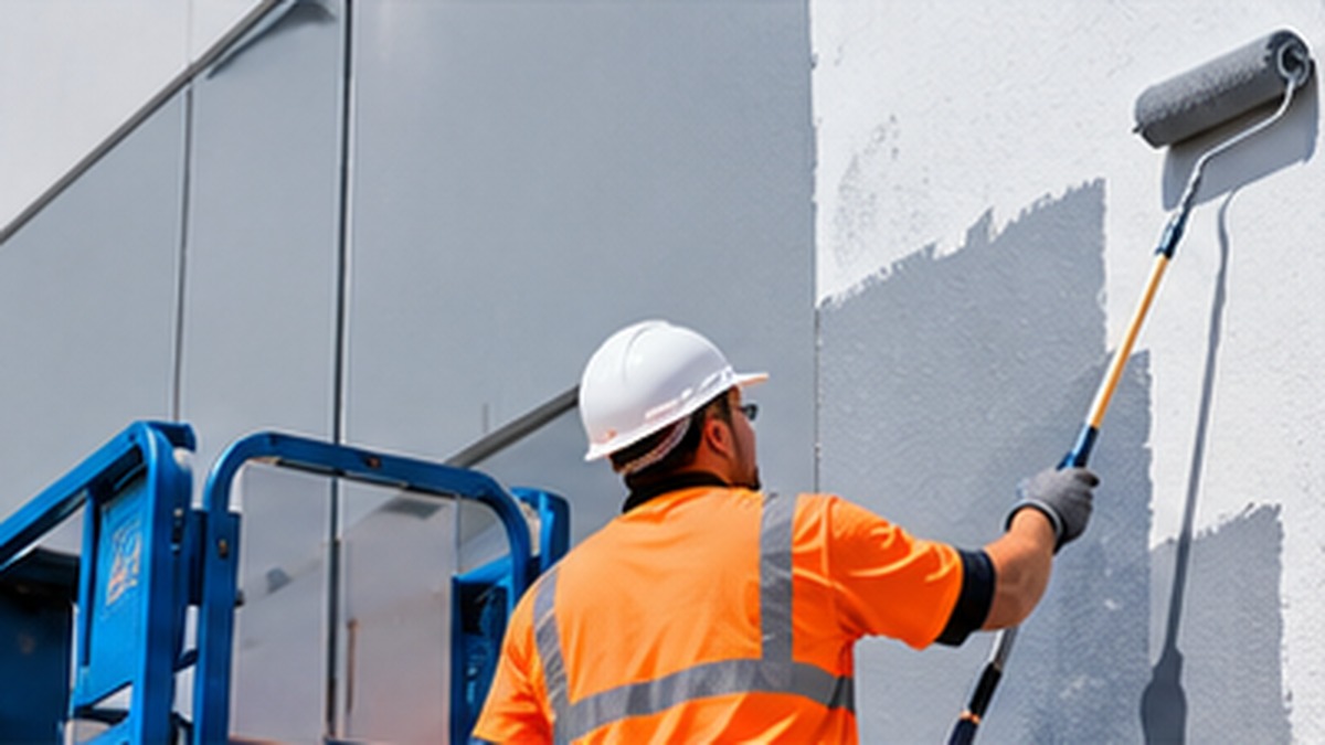 Professional painter wearing safety equipment applying paint to the exterior wall of a commercial building