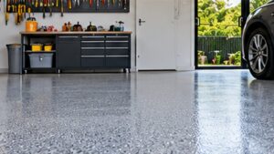 Clean Australian residential garage featuring a glossy grey epoxy floor, organised storage cabinets and parked vehicle