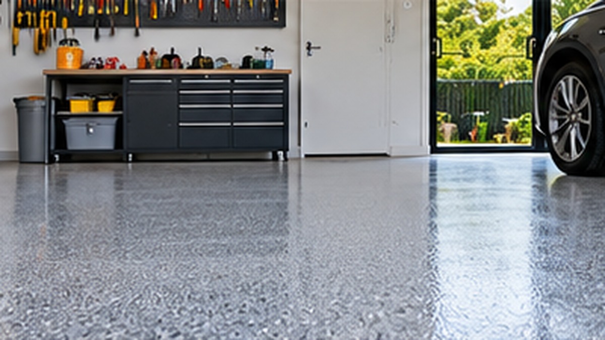 Clean Australian residential garage featuring a glossy grey epoxy floor, organised storage cabinets and parked vehicle