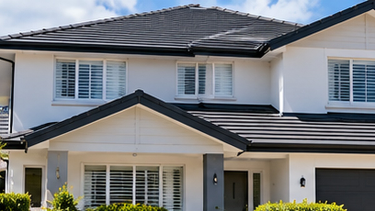 Modern two-storey Australian house with freshly painted white exterior walls, dark roof tiles and landscaped front garden