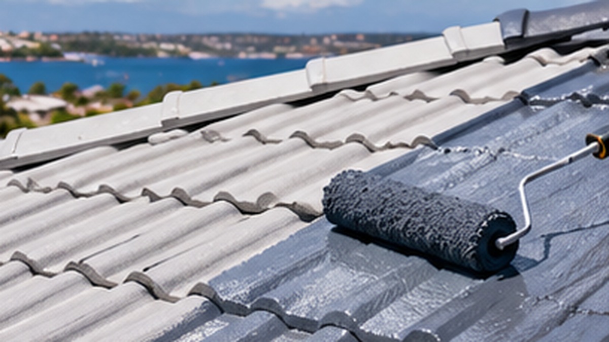 Close-up comparison of grey roof tiles being painted with a roller during residential roof maintenance